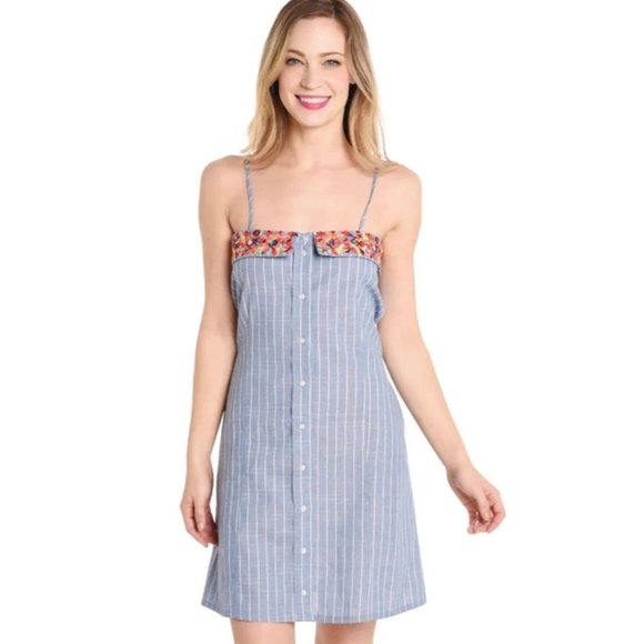 Anthropologie THML‎ Striped Button Down Embroidery Mini Dress Size XS - Picture 1 of 7